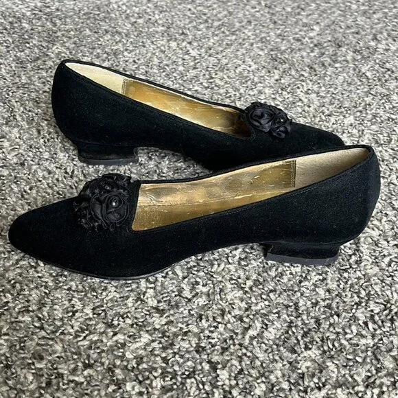 Vintage Velvet Kitten Heel Shoes Womens 8.5 Embellished Rose Coquette Whimsigoth - Picture 2 of 8